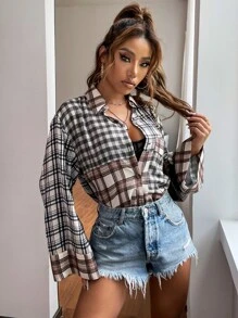 GENKIRA 蘇格蘭格紋和雙色格子撞色補丁貼口袋襯衫 - 彩色 - 查看 3