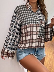 GENKIRA 蘇格蘭格紋和雙色格子撞色補丁貼口袋襯衫 - 彩色 - 查看 4