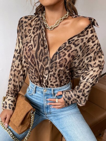 GENKIRA Leopard Print Button Up Shirt Cheetah Print ,Long Sleeve Tops Fall Cloth For Women