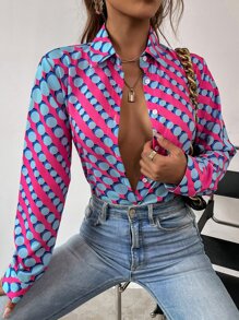 SHEIN Privé Polka Dot Print Curved Hem Shirt - Multicolor - View 1