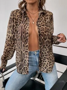 GENKIRA Áo sơ mi cài nút họa tiết da báo, họa tiết da báo, áo dài tay - màu nâu - Xem 6