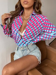 SHEIN Privé Polka Dot Print Curved Hem Shirt - Multicolor - View 4