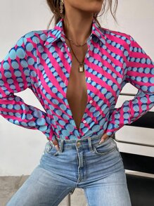 SHEIN Privé Polka Dot Print Curved Hem Shirt - Multicolor - View 6