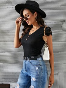 Áo thun nữ Gân đan Nút phía trước màu trơn Giải trí - màu đen - Xem 4