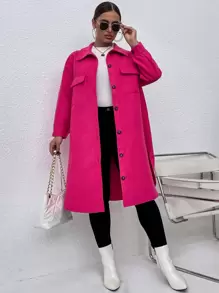 Plus Flap Pocket Drop Shoulder Split Hem Overcoat - Hot Pink - View 1