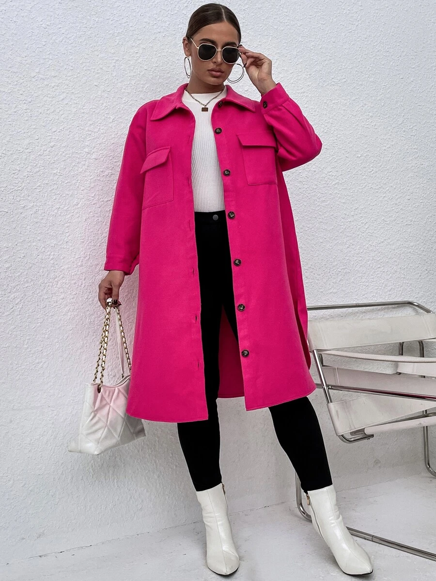 Plus Flap Pocket Drop Shoulder Split Hem Overcoat - Hot Pink - View 1