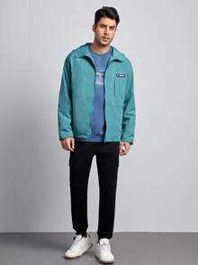 Manfinity Hombres Rompevientos con diseño de parche con cremallera - Azul Cadete - Ver 4