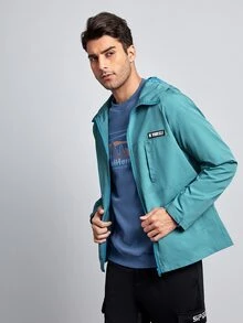 Manfinity Hombres Rompevientos con diseño de parche con cremallera - Azul Cadete - Ver 5