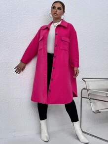 Plus Flap Pocket Drop Shoulder Split Hem Overcoat - Hot Pink - View 3