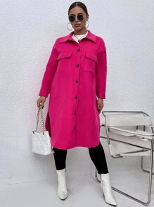 Plus Flap Pocket Drop Shoulder Split Hem Overcoat - Hot Pink - View 4