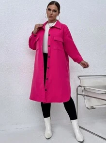 Plus Flap Pocket Drop Shoulder Split Hem Overcoat - Hot Pink - View 5