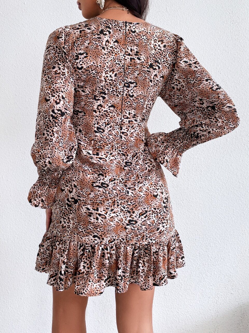 Leopard Print Flounce Sleeve Ruffle Hem Dress