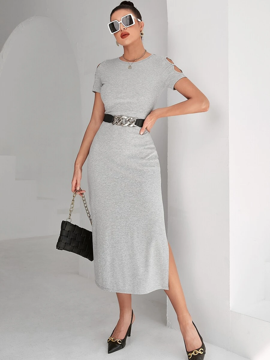 SHEIN Cut Out Split Thigh Dress Without Belt - Grey - View 1