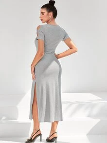 SHEIN Cut Out Split Thigh Dress Without Belt - Grey - View 2