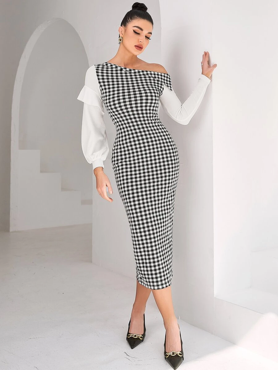 Modelyn Đầm Xù Kẻ sọc Thanh lịch - Đen và trắng - Xem 1