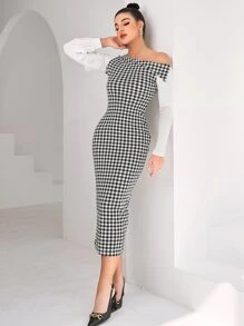 Modelyn Đầm Xù Kẻ sọc Thanh lịch - Đen và trắng - Xem 3