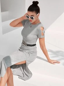 SHEIN Cut Out Split Thigh Dress Without Belt - Grey - View 4