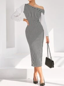 Modelyn Đầm Xù Kẻ sọc Thanh lịch - Đen và trắng - Xem 6