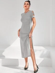 SHEIN Cut Out Split Thigh Dress Without Belt - Grey - View 5