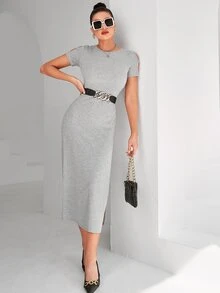 SHEIN Cut Out Split Thigh Dress Without Belt - Grey - View 6