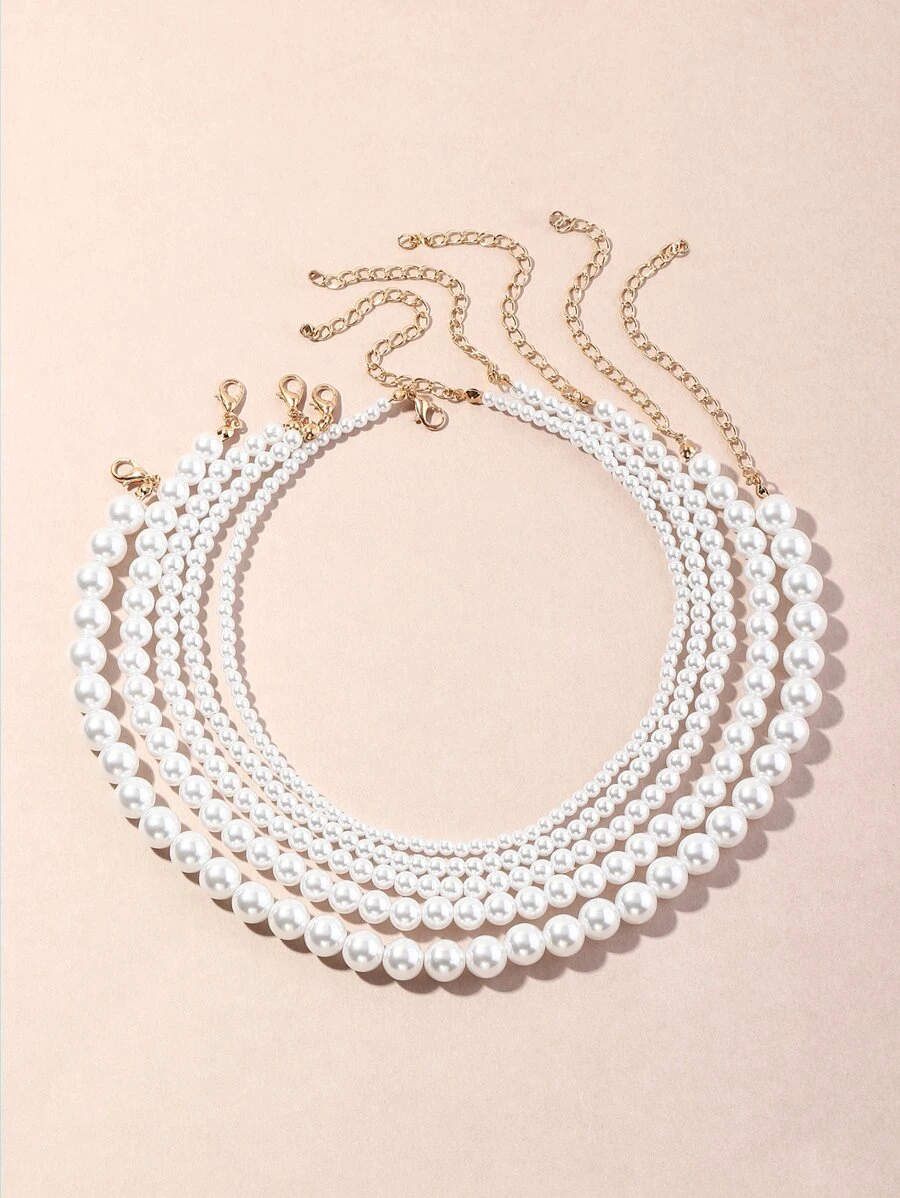 5pcs Faux Pearl Beaded Necklace - White - View 1