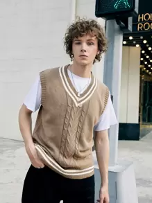 ROMWE MEN Guys Striped Trim Cable Knit Sweater Vest Without Tee - Khaki - View 1