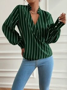 Vertical Stripe Lantern Sleeve Blouse - Dark Green - View 1