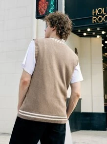 ROMWE MEN Guys Striped Trim Cable Knit Sweater Vest Without Tee - Khaki - View 2