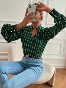 Vertical Stripe Lantern Sleeve Blouse - Dark Green - View 2