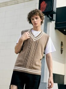 ROMWE MEN Guys Striped Trim Cable Knit Sweater Vest Without Tee - Khaki - View 3