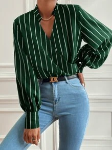 Vertical Stripe Lantern Sleeve Blouse - Dark Green - View 5