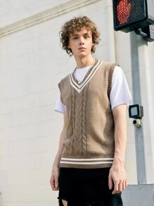 ROMWE MEN Guys Striped Trim Cable Knit Sweater Vest Without Tee - Khaki - View 6