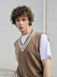 ROMWE MEN Guys Striped Trim Cable Knit Sweater Vest Without Tee - Khaki - View 7