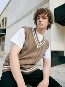 ROMWE MEN Guys Striped Trim Cable Knit Sweater Vest Without Tee - Khaki - View 8