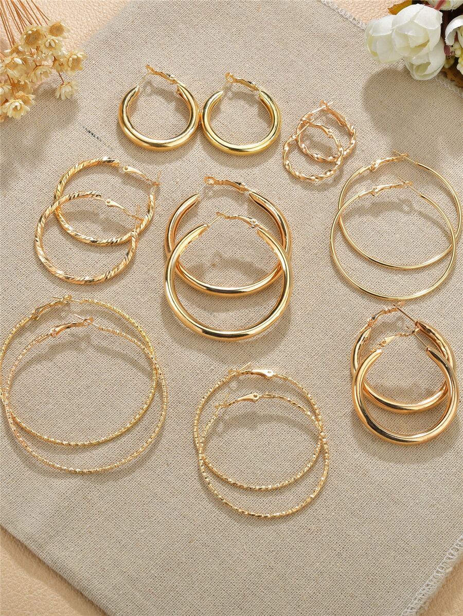 8 pasang Anting Hoop Bulat - Yellow Gold - View 1