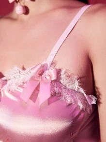 Bow Decor Satin Bralette - Baby Pink - View 5
