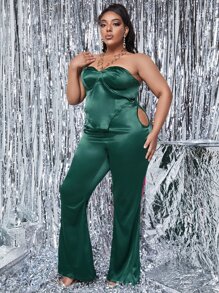 SHEIN SXY 大碼不對稱下擺抹胸上衣和鏤空長褲 - 墨綠色 - 查看 1