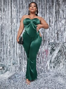 SHEIN SXY 大碼不對稱下擺抹胸上衣和鏤空長褲 - 墨綠色 - 查看 3