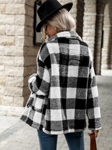 SHEIN LUNE Buffalo Plaid Pattern Dual Pocket Drop Shoulder Flannel Coat - Black and White - View 2