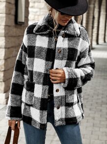 SHEIN LUNE Buffalo Plaid Pattern Dual Pocket Drop Shoulder Flannel Coat - Black and White - View 3
