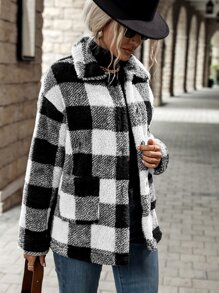 SHEIN LUNE Buffalo Plaid Pattern Dual Pocket Drop Shoulder Flannel Coat - Black and White - View 4