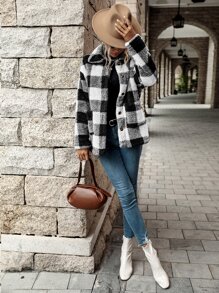 SHEIN LUNE Buffalo Plaid Pattern Dual Pocket Drop Shoulder Flannel Coat - Black and White - View 6