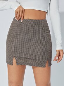 SHEIN PETITE Plaid Print Split Hem Skirt - Multicolor - View 1