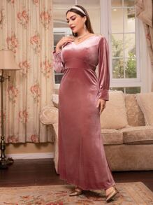 Modelyn 大碼貼花燈籠袖絲絨伴娘洋裝