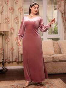 Modelyn 大碼貼花燈籠袖絲絨伴娘洋裝