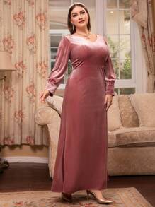 Modelyn 大碼貼花燈籠袖絲絨伴娘洋裝