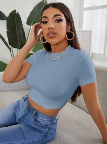 SHEIN EZwear 小高領短款T恤 - 霧霾藍 - 查看 1