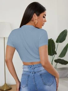 SHEIN EZwear 小高領短款T恤 - 霧霾藍 - 查看 2