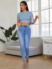 SHEIN EZwear 小高領短款T恤 - 霧霾藍 - 查看 5