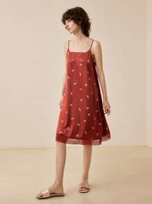 LUVLETTE Floral Print Contrast Lace Cami Sleep Dress - Redwood - View 1